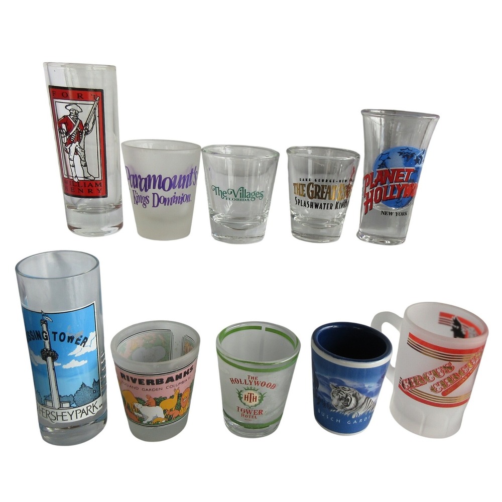 Vintage Souvenir Shot Glass Lot 10pc Hersheypark Planet Hollywood Busch Gardens